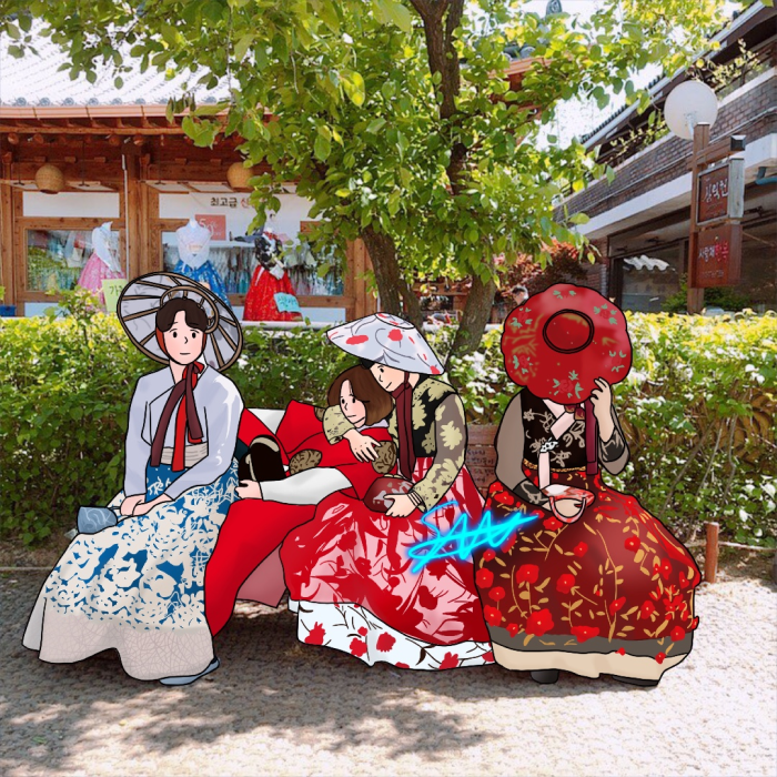 4인 우정 라인드로잉 일러스트